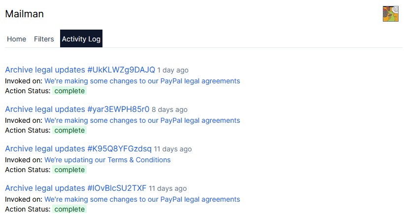 screenshot of mailman activity log